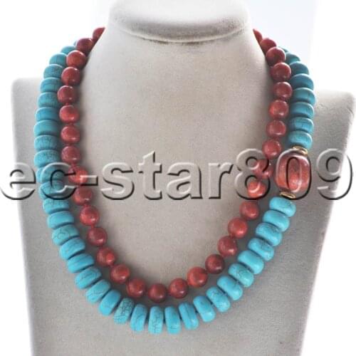 Z11127 2Strands 18" 14mm Green Rondelle Turquoise Red Coral Bead Necklace Choker Women