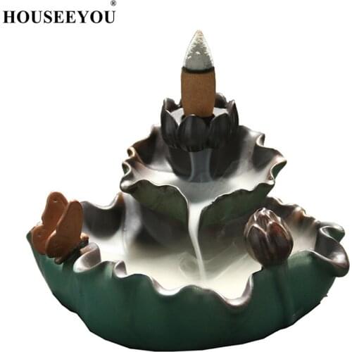 Lotus Pond Animal Waterfall Incense Holder Porcelain Backflow Incense Burner Aroma Smoke Censer Furnace for Meditation Zen Yoga