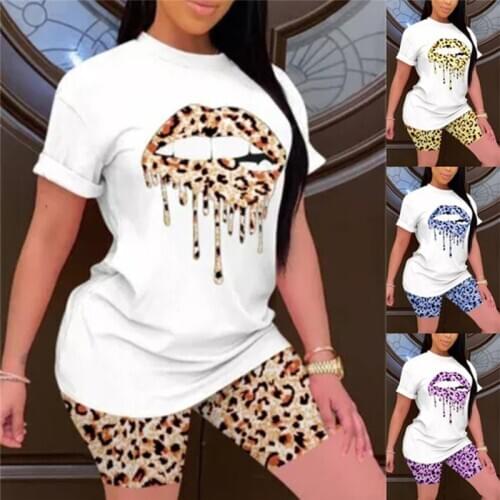 Plus Size Two Piece Set Tracksuit Lips Short Sleeve Top+Leopard Shorts Festival Matching Sets 2 Piece Outfits For Women