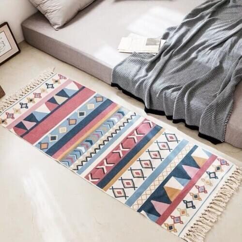 Retro Boho Carpet Cotton Linen Tassel Woven Floor Mat Bedroom Tapestry Persian Geometric Decorative Table Living Room Area Rugs