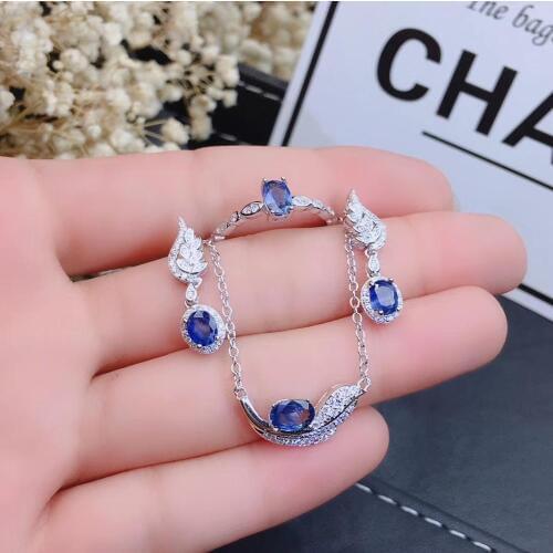 Fashion Feather Wing Natural blue sapphire gem jewelry sets natural gemstone ring Pendant Earrings 925 silver women gift jewelry