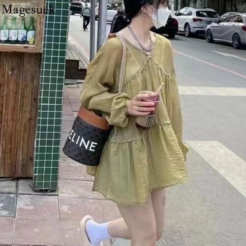 New V-neck Lantern Sleeve Chiffon Blouse Super Thin Sun Protection Shirt Autumn Korean Loose Long Sleeve Blouse Chemise 15700