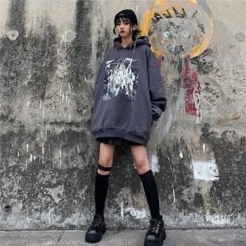 Thorn print plus velvet loose hooded Dark black hoodie high street retro pullover sweater punk Harajuku hoodie Oversize clothes