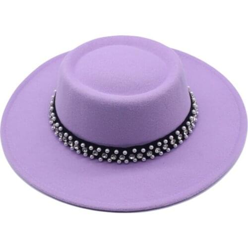 Pearl Ribbon Vintage Wide Brim Felt Wool Fedora Hat Women Flat Top Jazz Round Caps Bowler Elegant Lady Church Hats Black Red