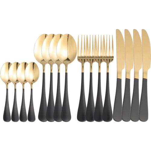 16Pcs Cutlery Set Stainless Steel Tableware Black Gold Cutlery Dishwasher Safe Dinner Fork Knives Spoons Set Silverware Flatware