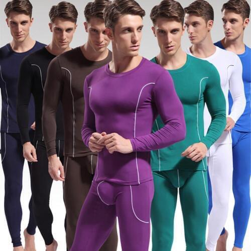 Fashion mens spontaneous thermal underwear set stripe pattern long-sleeved thermal underwear top pants suit mens clothing
