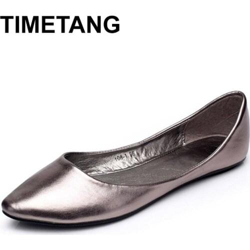 TIMETANG Big size 40.41 classic women simple metal color pu flat shoes lady shallow mouth casual shoes