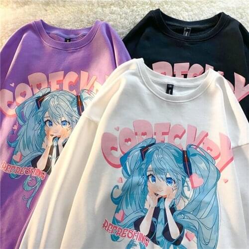 Purple White Japan Anime Girl Sweet Sweatshirt O-neck Oversized Fashion Tops Harajuku Clothes for Teens 2021 Autumn New Designer