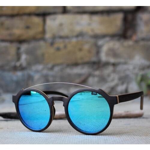 Vintage Mirrored Blue Round Wood Sunglasses Women Men Polarized Handmade Glasses Unique Design Eyeglasses