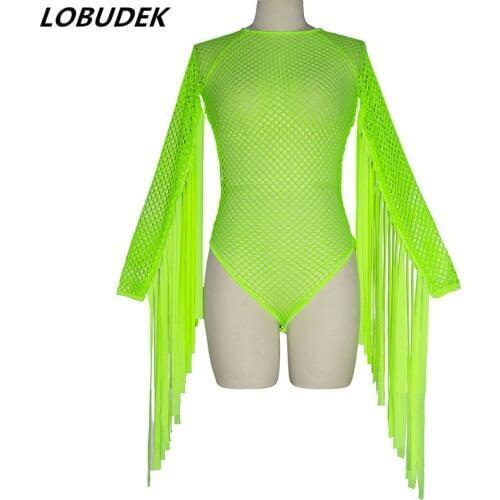 Women Neon Green Tassels Sleeve Fringe Bodysuit Sexy Hollow Out Stage Costume Bar Nightclub DJ Pole Dancing Dance Bodysuits