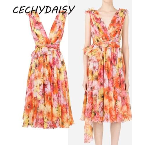 Sun Flowers Floral Printed Tank Dress Women Ruched Sexy V-Neck Sleeveless Traf Ladies Party Night Midi Eveningi Dresses Vestidos