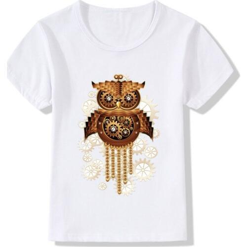 2019 Children Vintage Steampunk Owl/Cat/ Chameleon T-shirt Girls Boys Summer Casual Tops Kids Clothes Baby T shirt,ooo2166