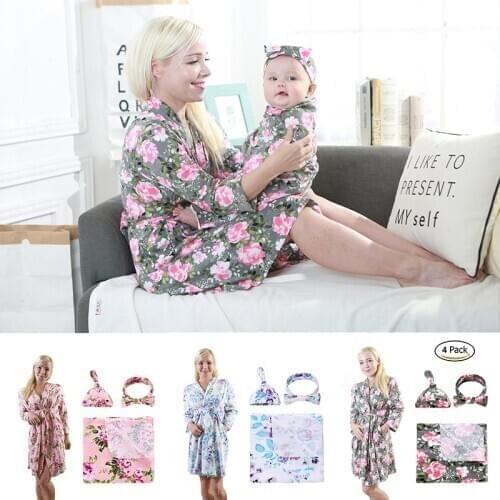 4pcs/set Mother Pajamas+Baby Swaddle+Hat+Headband Nursing Nightgown Sleepwear Dress Bathrobe Receiving Blankets Family Matching