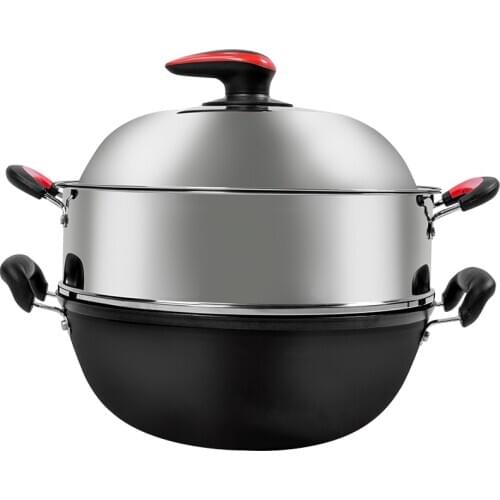 Iron pot old style double ear flat bottom wok cast iron non stick special large steamer stewpot steaming pan induction cooker