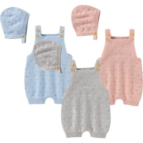 Spring Autumn Infant Baby Girls Sleeveless Knitting Jumpsuit+Hat Newborn Baby Boys Girl Knitting Bodysuits Baby Girls Clothes