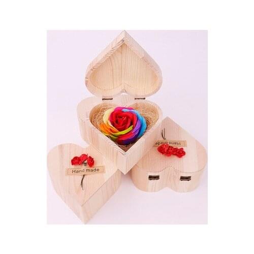 Heart Shape Wooden Box Rose Soap Flower Wooden Storage Box Simulation Colorful Rose Soap Flower Hexagon Gift Box Wedding Decor