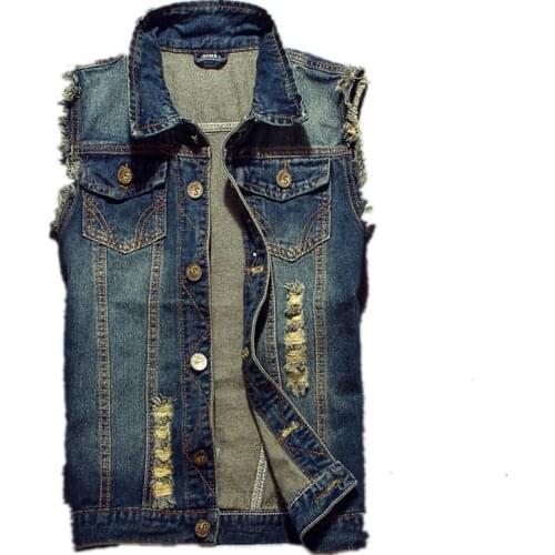 2021 Ripped Jean Jacket Mens Denim Vest Hip Hop Jean Coats Waistcoat Men Cowboy Brand Sleeveless Jacket Male Tank Plus Size 6XL