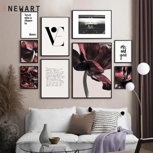 Elegant Blooming Burgundy Floral Canvas Painting Love Print Poster Pictures for Bedroom Modern Home Wall Art Decor No Frame