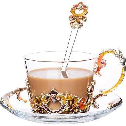 Europe High quality Enamel Crystal Cup Coffee Cup Mug Flower Tea Hand Painted Glass Water Cup Drinks Wedding gift box Set