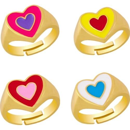 FLOLA Copper Rainbow Heart Rings For Women Colorful Open Gold Enamel Ring Accessories For Women rigm46
