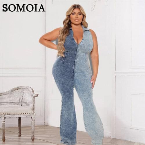 Casual Sleeveless Denim Rompers Flared Pants Jumpsuit Women Jeans Trouser Patchwork Cowboy Zipper Lapel Jump Suits Wholesale