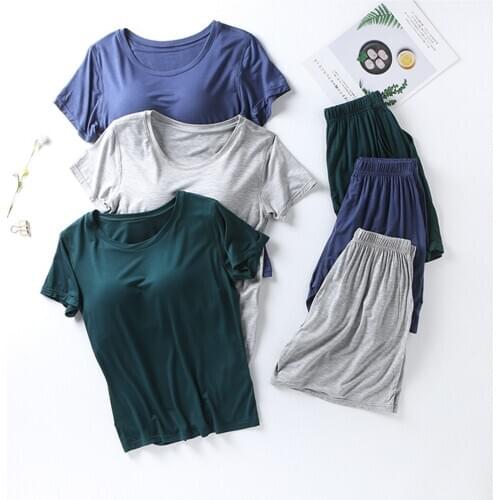 Two Piece Set Summer Women Pijama Sleeping Pyjamas Summer New Modal Pajamas For Women With Cups Plus Size M-3XL Home Suits