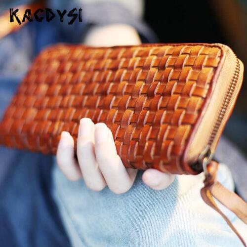 Handmade Unisex Knitting Wallet Zipper Retro Men Clutch Purse Vertical Real Cow Leather Luxury Women Card Holder Wallet Carteira