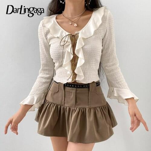Darlingaga Fashion Chic V Neck Flare Sleeve Female T-shirt Ruffles Patchwork Lace Up Y2K Crop Top Sexy Pullover Fairy Grunge New