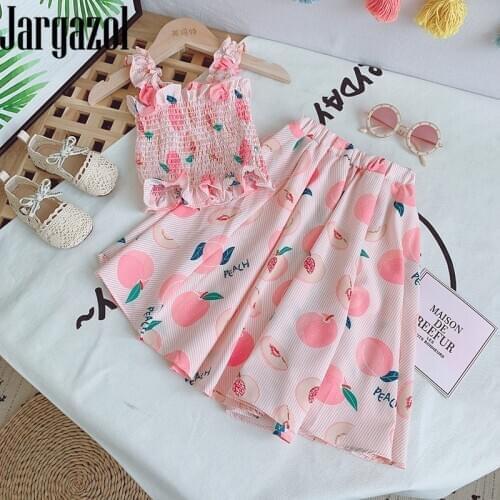 Fashion Girls Ruffle Outfits Fruit Printed Suspenders&long Skirt Korean Cute Little Children Clothes Summer Children Clothes
