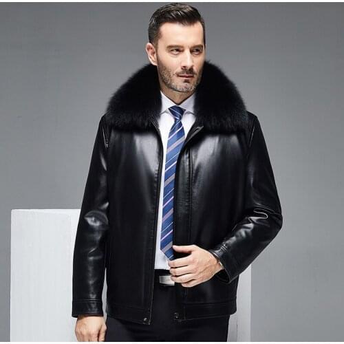 Leather mens knick suit fox collar middle aged and old sheep leather jacket detachable liner