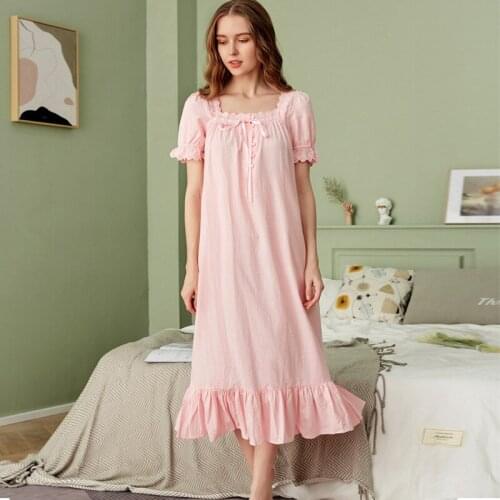 100% Pure Cotton Women Sleepwear Princess Short Sleeve Long Nightgown Big Yards Palace Loose Pink Ruffles Nightdress Lounge