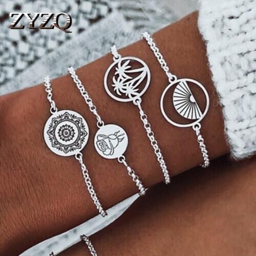ZYZQ New Arrival Vintage Women Bracelets Sets Simple Metal Accessories With Round Symbol Gift Chain Bracelets For Girlfriend
