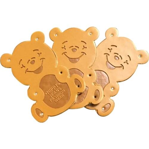 Cartoon Bear Leather Labels For Fashion Wear Hand Made Pu Leather Tags For Hat Sewing Label For Price List Custom Leather Label