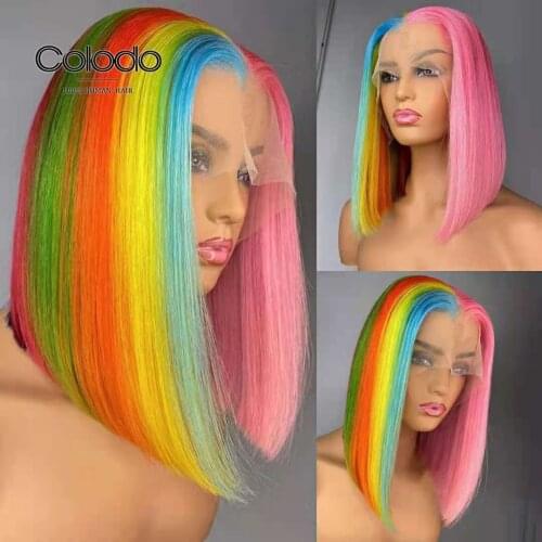 Half Pink Half Rainbow Lace Front Wigs Brazilian Preplucked Rainbow Wig Glueless Short Bob Colored Human Hair Wigs For Women
