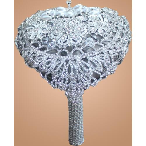 Luxury Handmade Diameter 18CM Heart-shaped Wedding Bouquet Silver Plated Rhinestone Brooches Jewelry Bridal Wedding Hand Flower