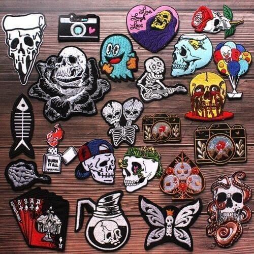 Skull Iron On Patches For Clothing Patch Cartoon Patches On Clothes Applique Letter Punk Embroidery Patch Stripes Applique Decor