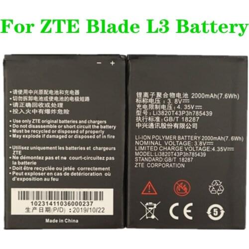 High Quality Li3820T43P3h785439 Battery For ZTE Blade L3 Mobile Phone Battery 2000mAH Original Capacity Replacement Batteries