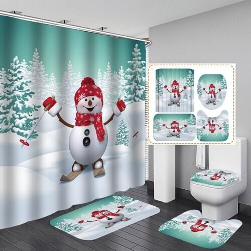 High Quality 3D Snowman Ski Pattern Shower Curtain Bathroom Curtains Merry Christmas Non-Slip Rug Lid Toilet Cover Bath Mat Set