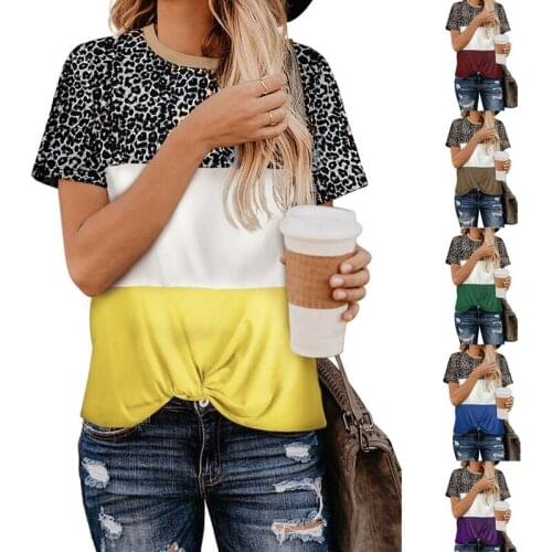 Womens Summer Leopard Stitching Round Neck Short Sleeve Female T-Shirt Top