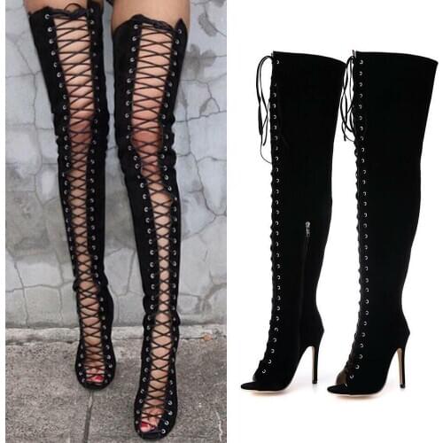 Women Thigh High Open Toe Stiletto Heel Gladiator Lace Up Over Knee Boots Shoes 2Colors Cut Out Summer Plus Size New 2021