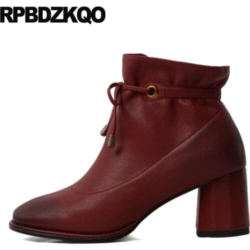 Faux Fur High Heel Women Boots Winter 2021 Lace Up Booties White Chunky Square Toe Block Wine Red Sheepskin Ladies Short Shoes