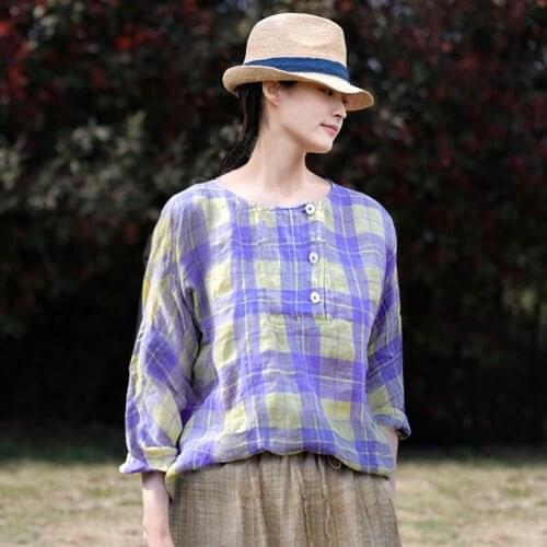 Summer thin flax purple yellow Plaid round neck loose pullover shirt for female 2021053