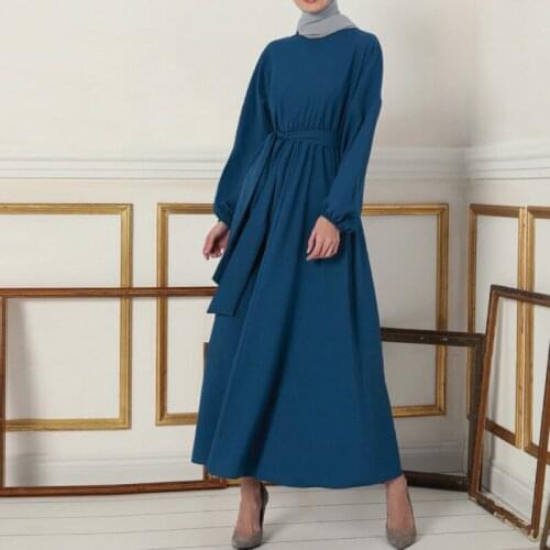 Abayas for Women Fashion Muslim Dress Long Lantern Sleeve O-neck Hijab Dresses Abaya Dubai Eid Long Robes With Belted Vestidos