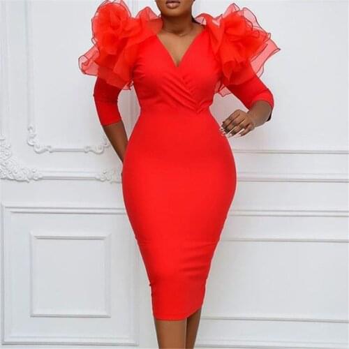 Women bodycon dress summer red elegant v neck midi robe femme vestiods 2021 new african sheath dresses lady work