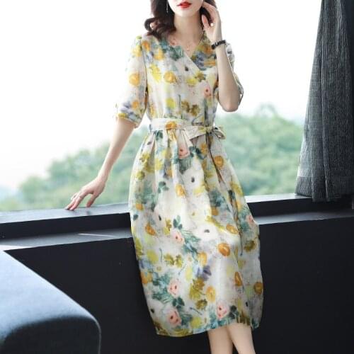 Summer Casual 3XL Plus Size Dress 2021 Spring Elegant Vintage Yellow Floarl Cotton Linen Midi Dress Women Bodycon Party Vestidos