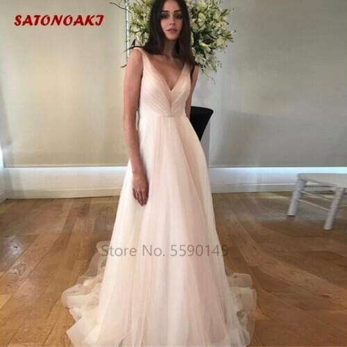 Boho V-Neck Wedding Dress 2020 for Women Sleeveless Backless Garden Bridal Gown With Pocket Sweep Train Vestidos Robe De Mariage