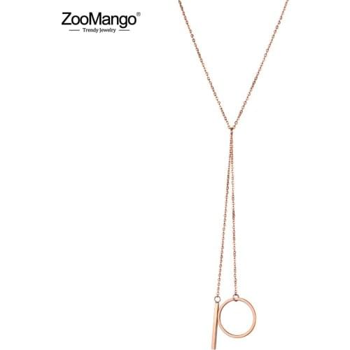 ZooMango Fashion Stainless Steel 24 Inch Long Necklace Rose Gold Pendant Necklace Strip & Circle Sweater Chain For Women ZN18248