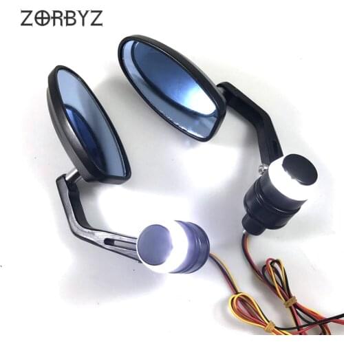 ZORBYZ 7/8" Black Handle Bar End Rearview Side Mirror With White/Amber LED Turn Signal Strobe Side Marker Light For Harley Honda