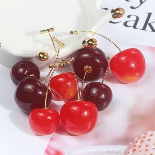 1Pair Japan Cute Sweet Simulation Red Cherry Gold Color Fruit Stud Earrings For Women Girl Student Gift Bohemian Drop Earrings