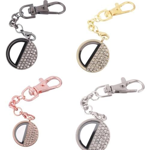 1pcs Round half with Rhinestone Alloy Floating charm Locket Keychain with Lobster clasp DIY twist memory Glass locket Key chain